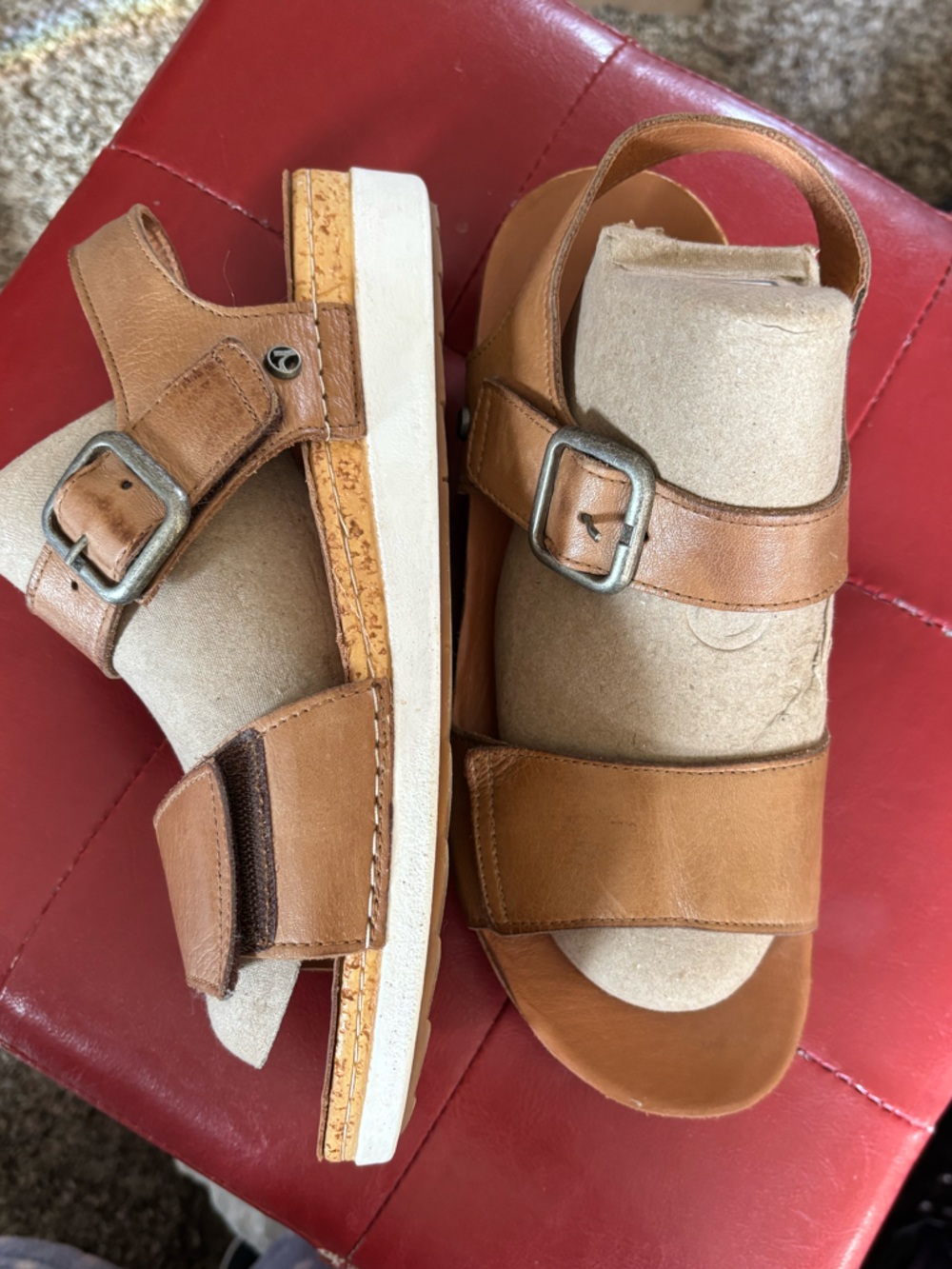 Women's Tan Leather Buckle Sandals with Cushioned Footbed